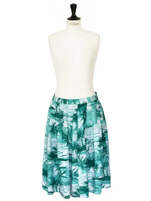 Jupe midi imprimé tropical feuilles de palmier vert et blanc Taille 38