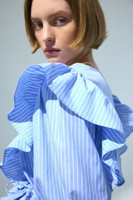 Blouse croisée en popeline - Bleu clair/rayé — photo 2