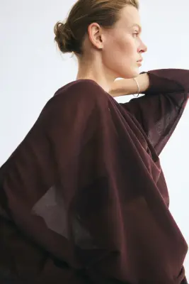 Blouse à encolure bénitier en maille fine - Marron foncé — photo 2