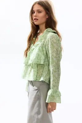 Blouse volantée - Vert clair/fleuri — photo 3