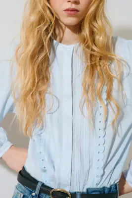 Blouse en coton avec plis nervure - Bleu clair — photo 2