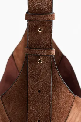 Sac porté épaule en cuir velours - Marron — photo 3