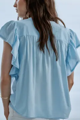 Blouse à manches volantées avec dentelle - Bleu clair — photo 4