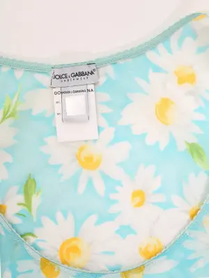 Top débardeur en tulle stretch bleu turquoise fleuri marguerite blanc et jaune Taille XS/S — photo 2