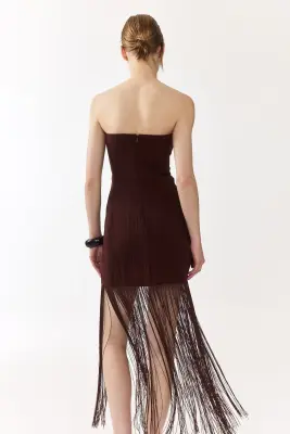 Robe bandeau à franges - Marron foncé — photo 4