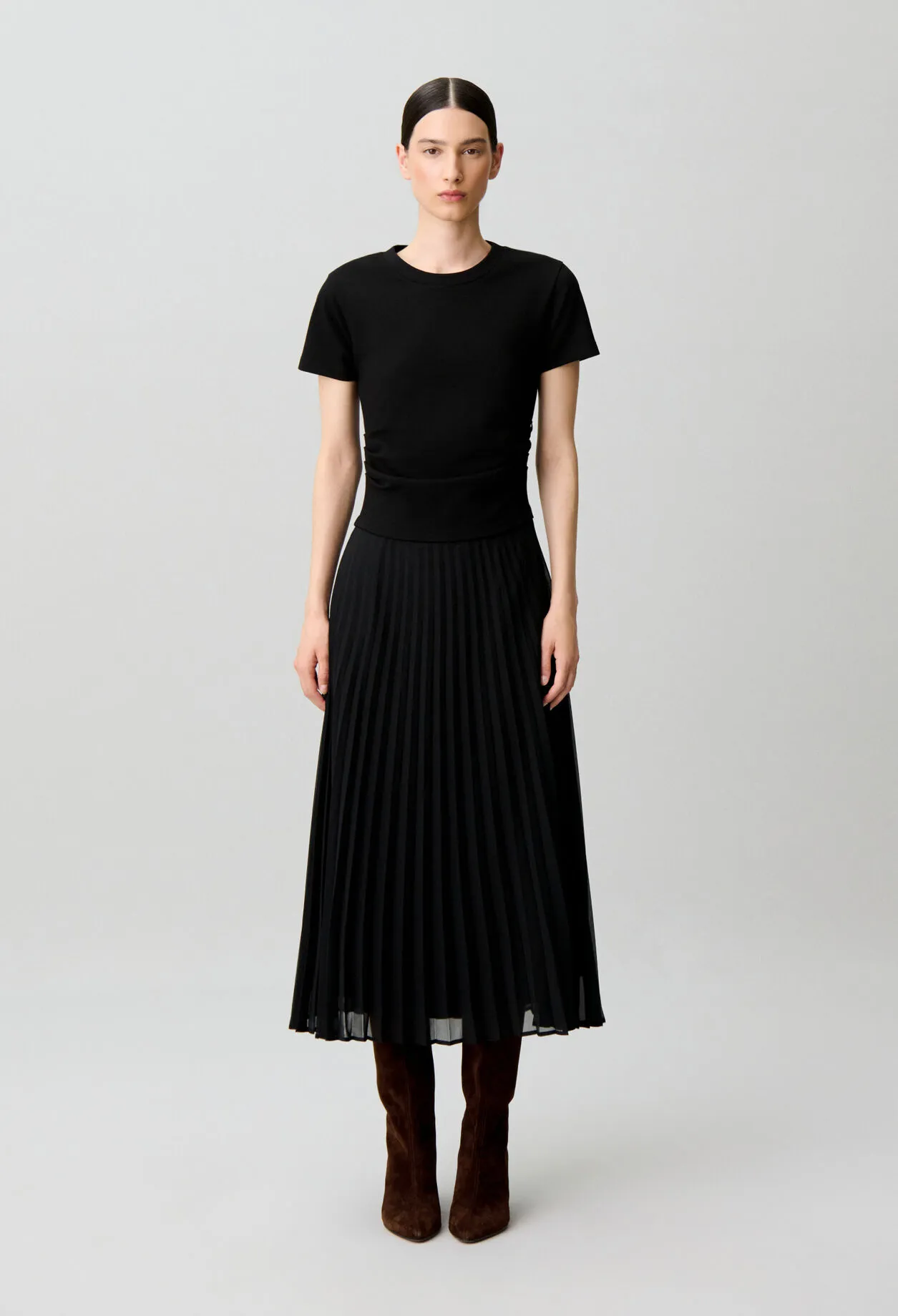Robe droite bi-matière plissée