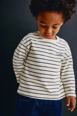 T-shirt à manches longues en coton - Crème/rayures bleu marine — photo 3