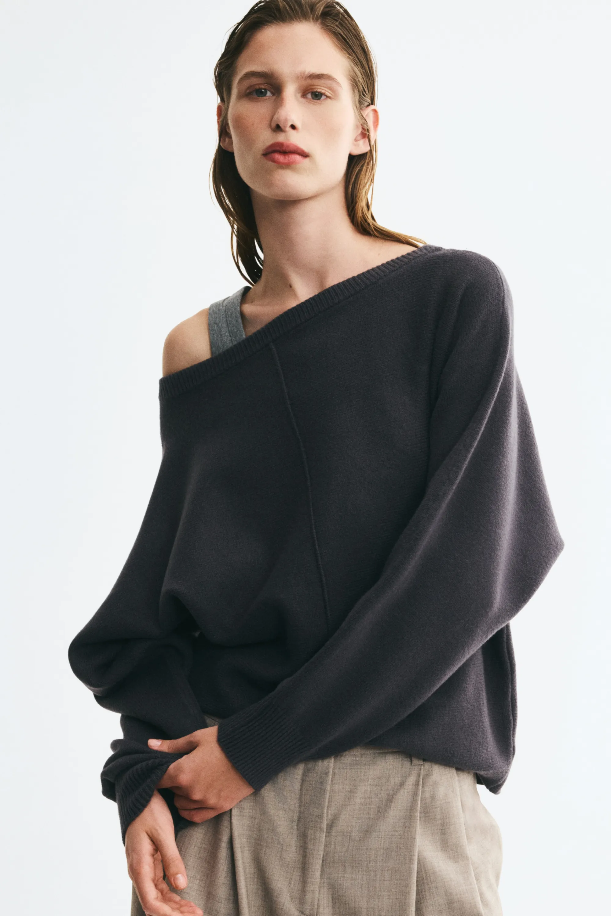 Pull à encolure bateau en viscose mélangée - Gris foncé