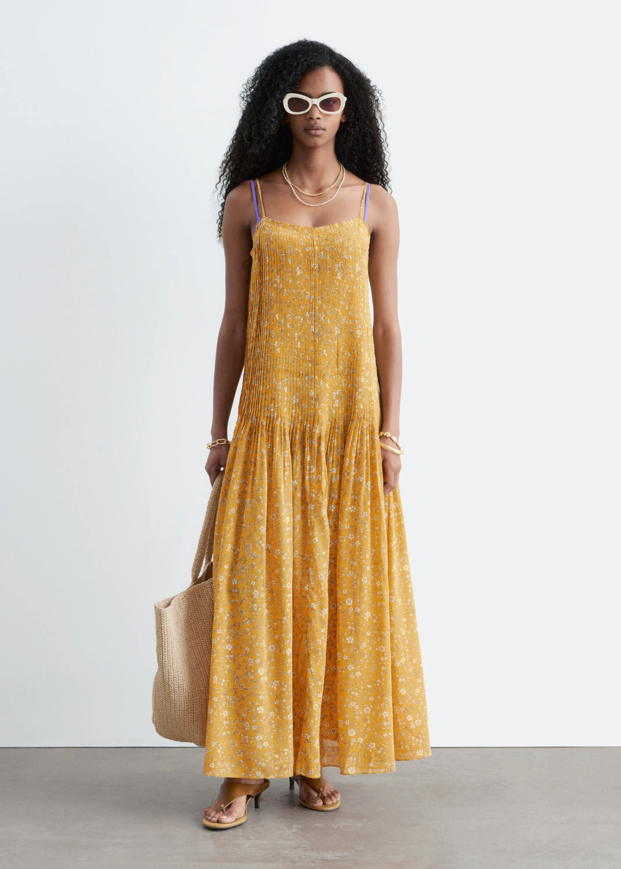 Robe longue à corsage plissé - Jaune chaud/Motif fleuri