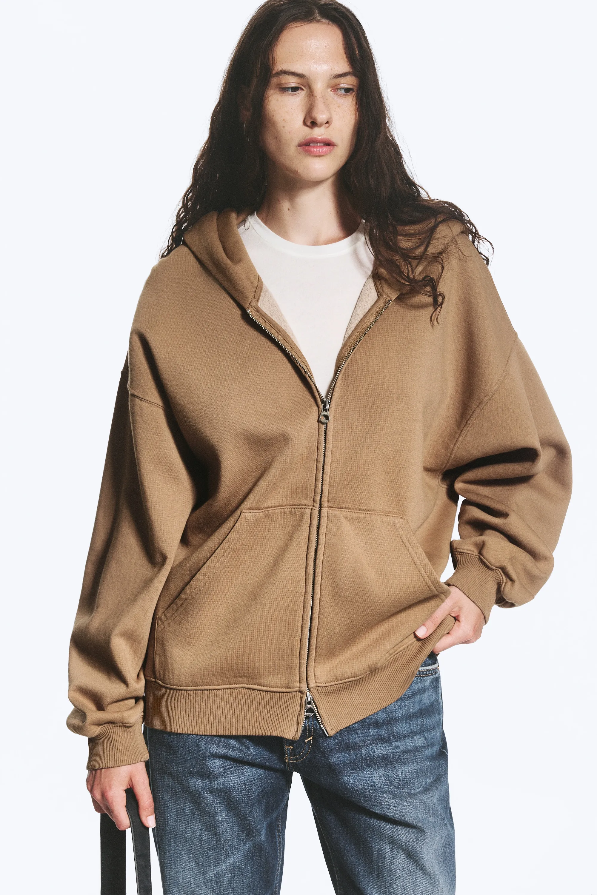 Sweat à capuche zippé oversize et épais - Beige foncé