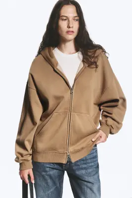Sweat à capuche zippé oversize et épais - Beige foncé — photo 1