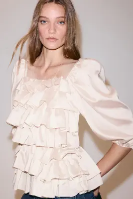 Blouse à volants ruchés avec manches bouffantes - Beige clair — photo 3