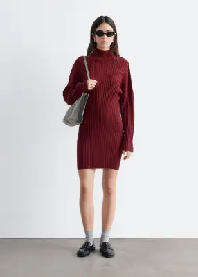 Robe côtelée à col montant - Rouge foncé — photo 1