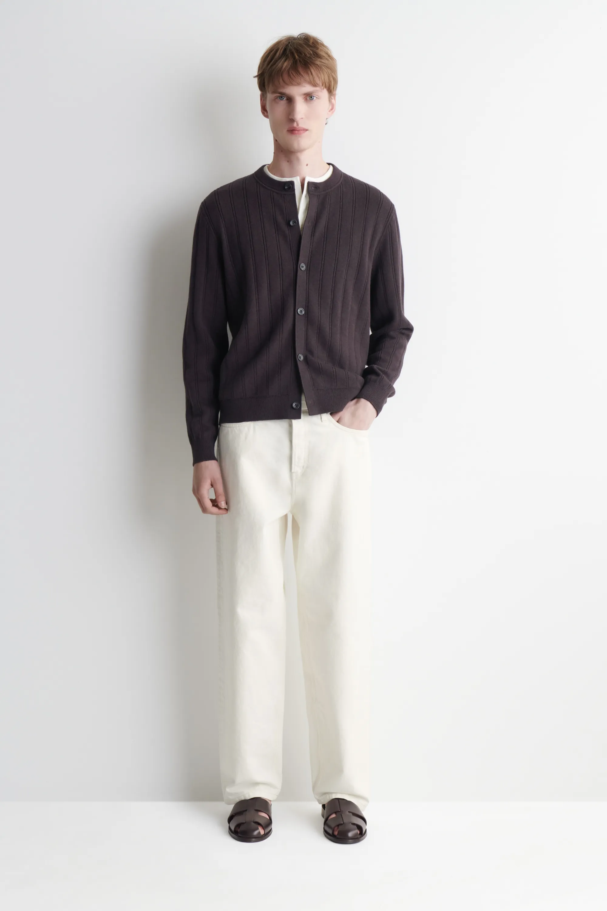 CARDIGAN EN LAINE ET COTON CÔTELÉ - BRUN