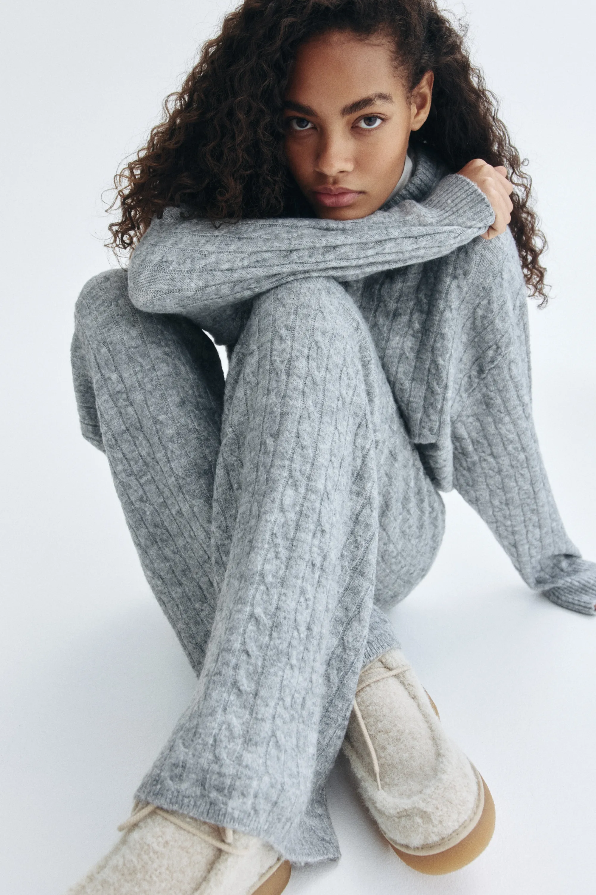 Pantalon en maille torsadée - Gris chiné