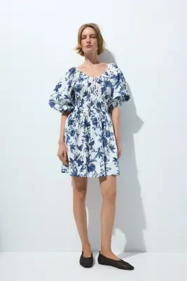 Robe en coton avec jupe évasée - Blanc/fleuri — photo 1