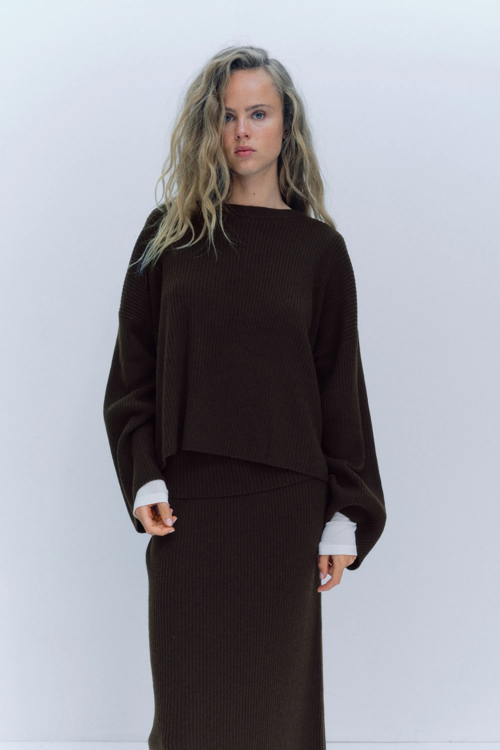 Pull en maille côtelée - Marron foncé