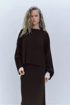 Pull en maille côtelée - Marron foncé — photo 1