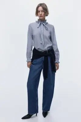 Blouse volantée - Bleu foncé/rayé — photo 1