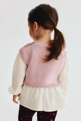Blouse en coton avec plastron - Rose clair/crème — photo 3