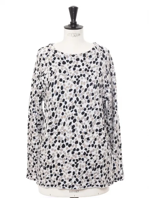 Pull col rond en coton blanc imprimé moucheté beige noir bleu Prix boutique 690€ Taille 36