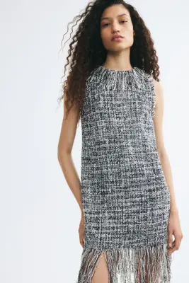 Robe frangée en tissu bouclette - Noir/blanc chiné — photo 2