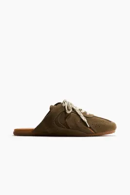 Mules façon sneakers en cuir velours - Vert kaki foncé — photo 2