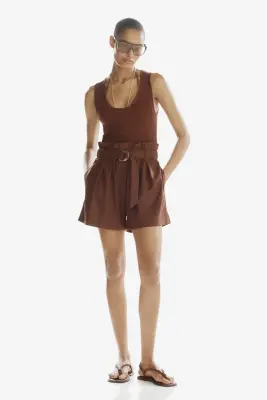 Short paper bag avec ceinture - Marron foncé — photo 1
