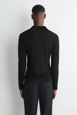 POLO SLIM EN JERSEY DE LAINE À COL OUVERT - NOIR — photo 3