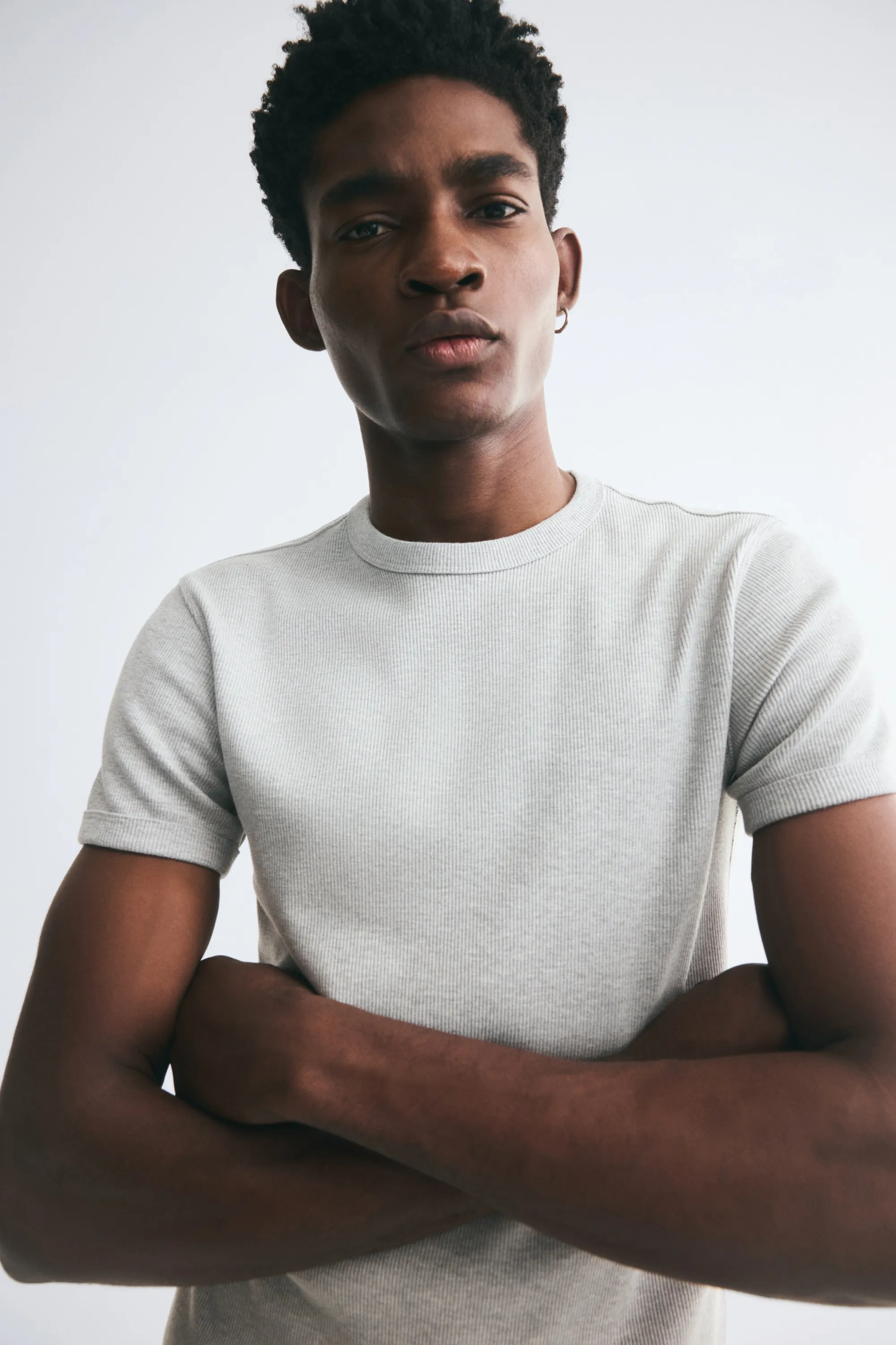 T-shirt côtelé Slim Fit - Gris clair chiné