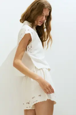 Short en twill de coton avec dentelle - Blanc — photo 3