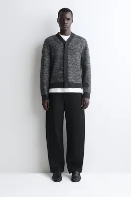 CARDIGAN EN LAINE COL EN V À FINITION CONTRASTÉE - GRIS CHINÉ — photo 1