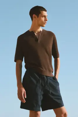 T-SHIRT HENLEY EN MAILLE DE LIN - BRUN FONCÉ — photo 5