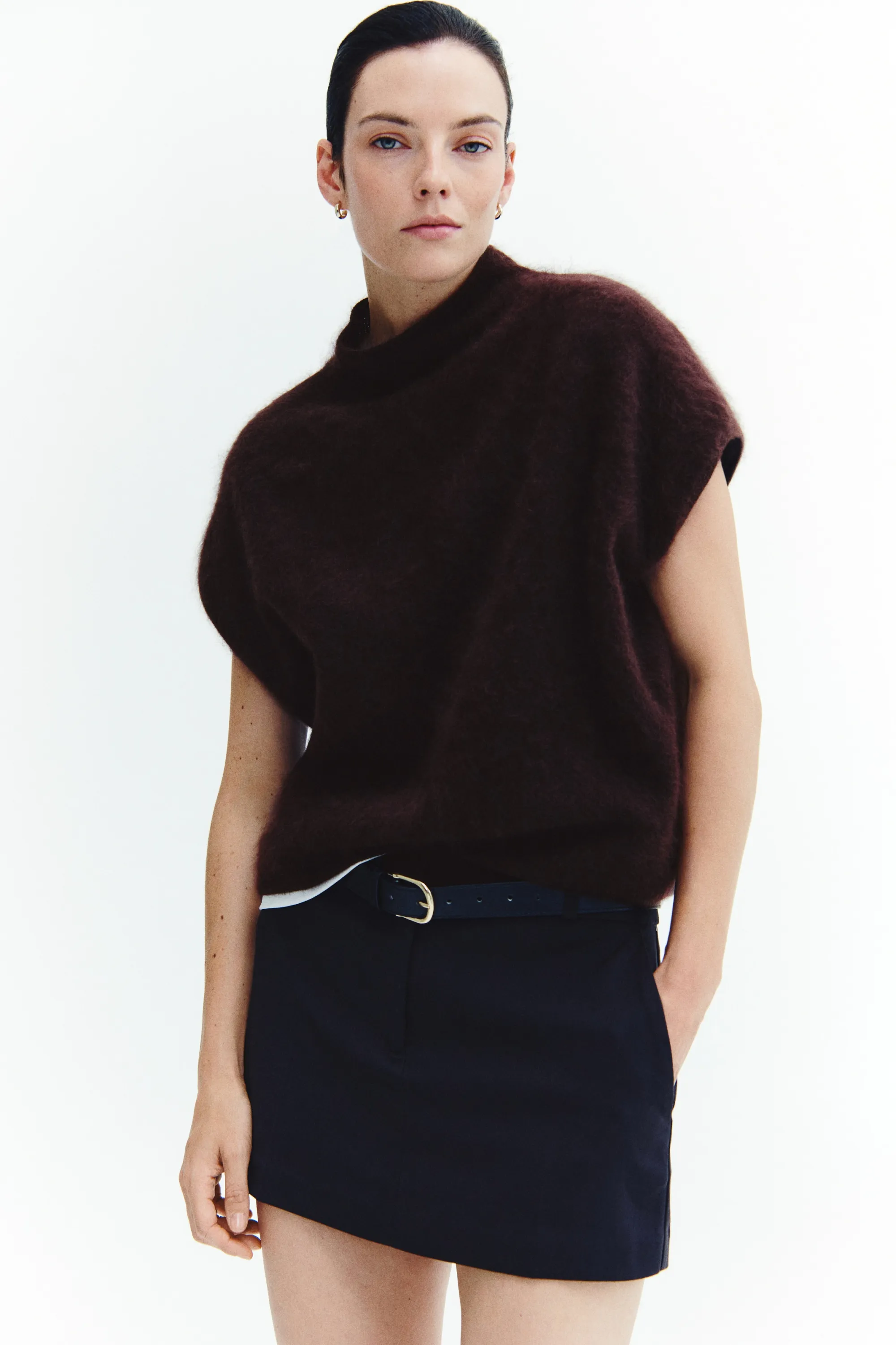 Pull sans manches en laine avec col cheminée - Marron foncé