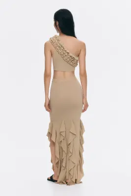 Crop top asymétrique à volants ruchés - Beige — photo 3