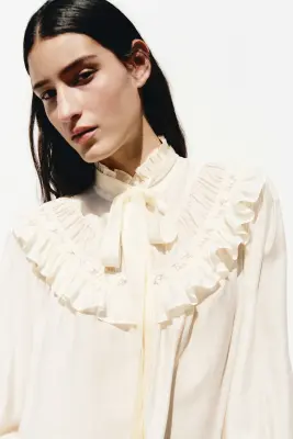 Blouse à volants ruchés avec col à nouer - Crème — photo 2