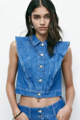 Gilet sans manches volanté en denim - Bleu denim — photo 2