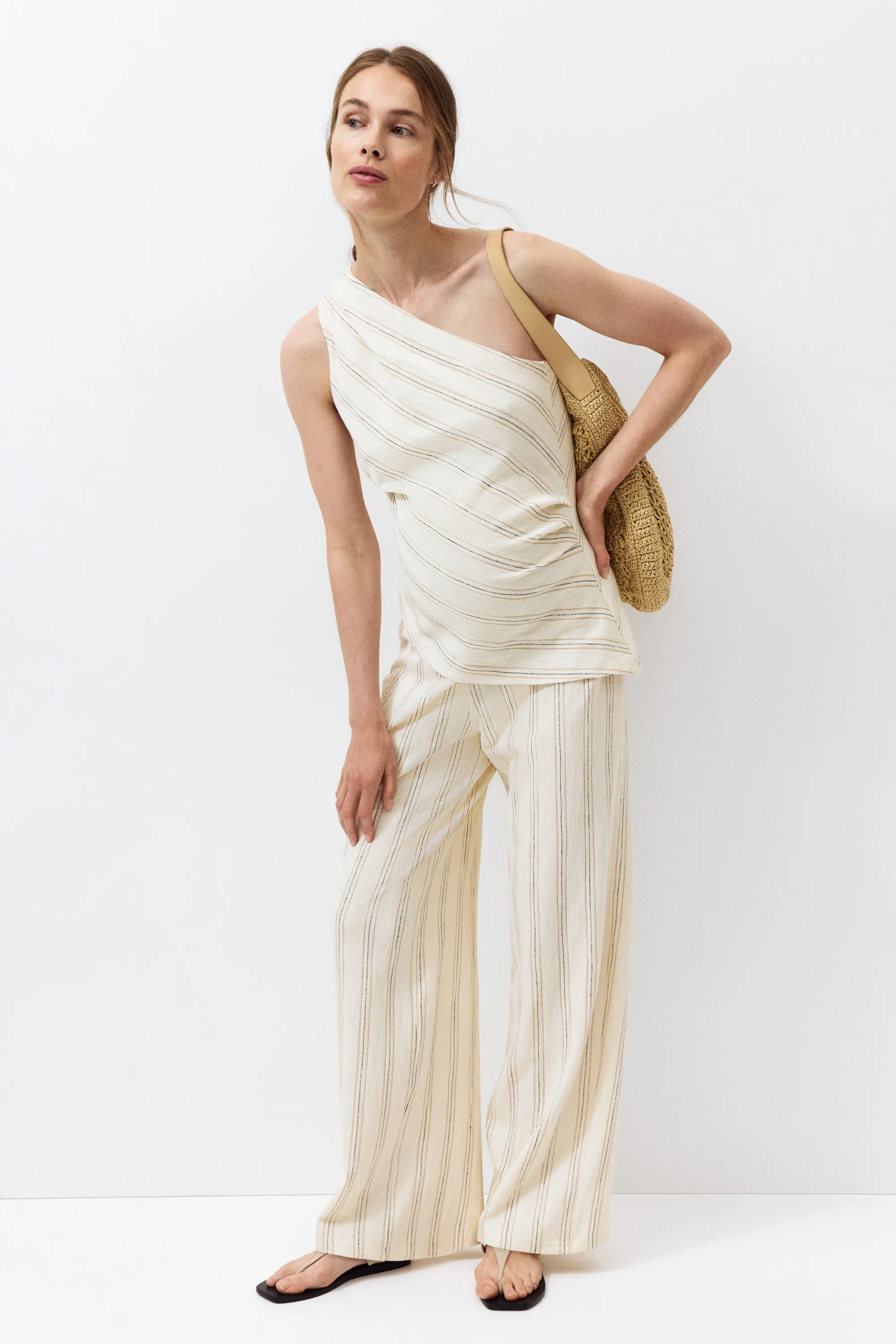 MAMA Top asymétrique en coton texturé - Beige clair/rayé