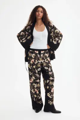 Pantalon en twill avec taille élastique - Noir/fleuri — photo 2