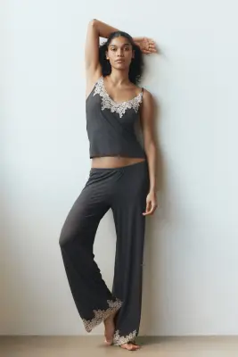 Pyjama en jersey avec dentelle - Gris foncé/crème — photo 1
