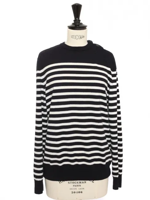 Pull col rond en laine mérinos marinière noir et blanc Prix boutique 300€ Taille M