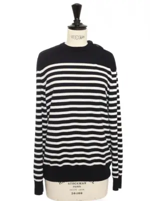 Pull col rond en laine mérinos marinière noir et blanc Prix boutique 300€ Taille M — photo 1