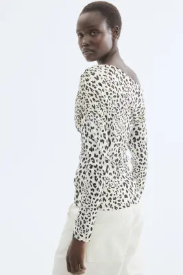 Top asymétrique à effet drapé - Blanc/imprimé léopard — photo 2