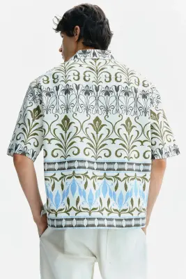 Chemise Relaxed Fit à motif avec col cubain - Crème/motif — photo 3