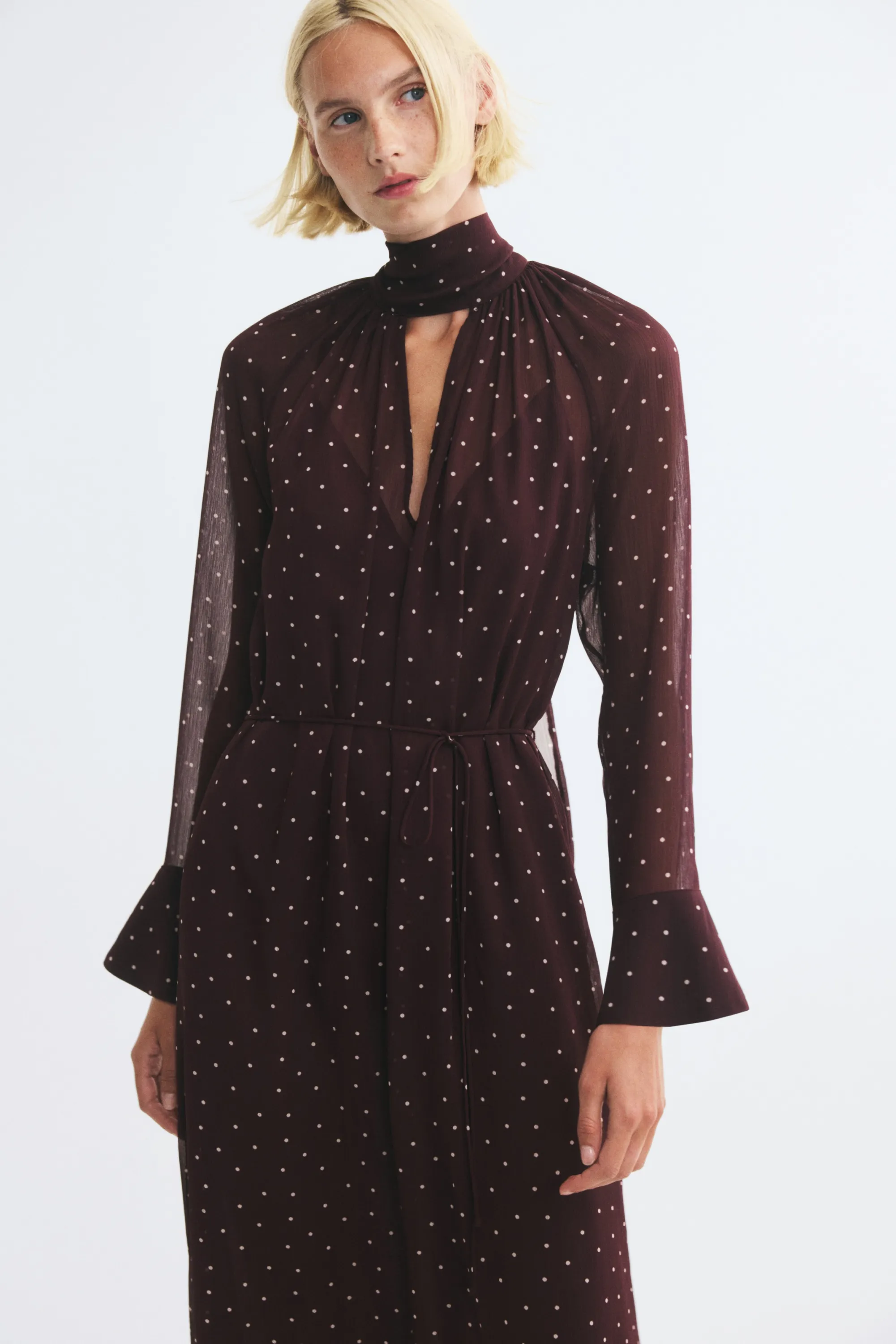 Robe avec col écharpe - Bordeaux/pois