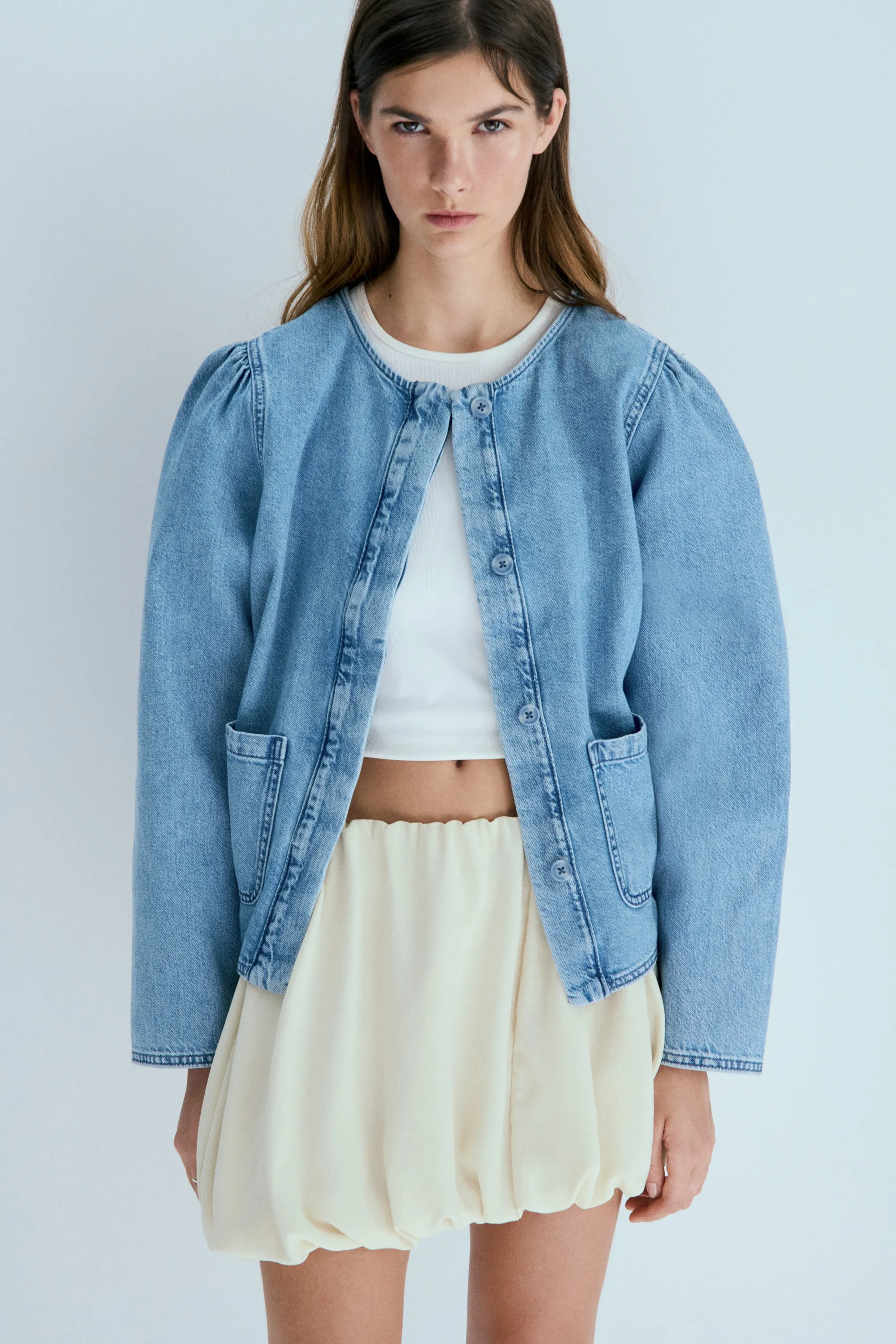 Veste à manches bouffantes en denim - Bleu denim clair