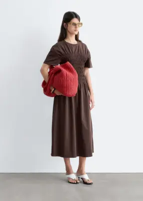 Robe midi à smocks - Marron foncé — photo 3