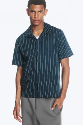 Chemise texturée à manches courtes - Bleu foncé rayé — photo 3