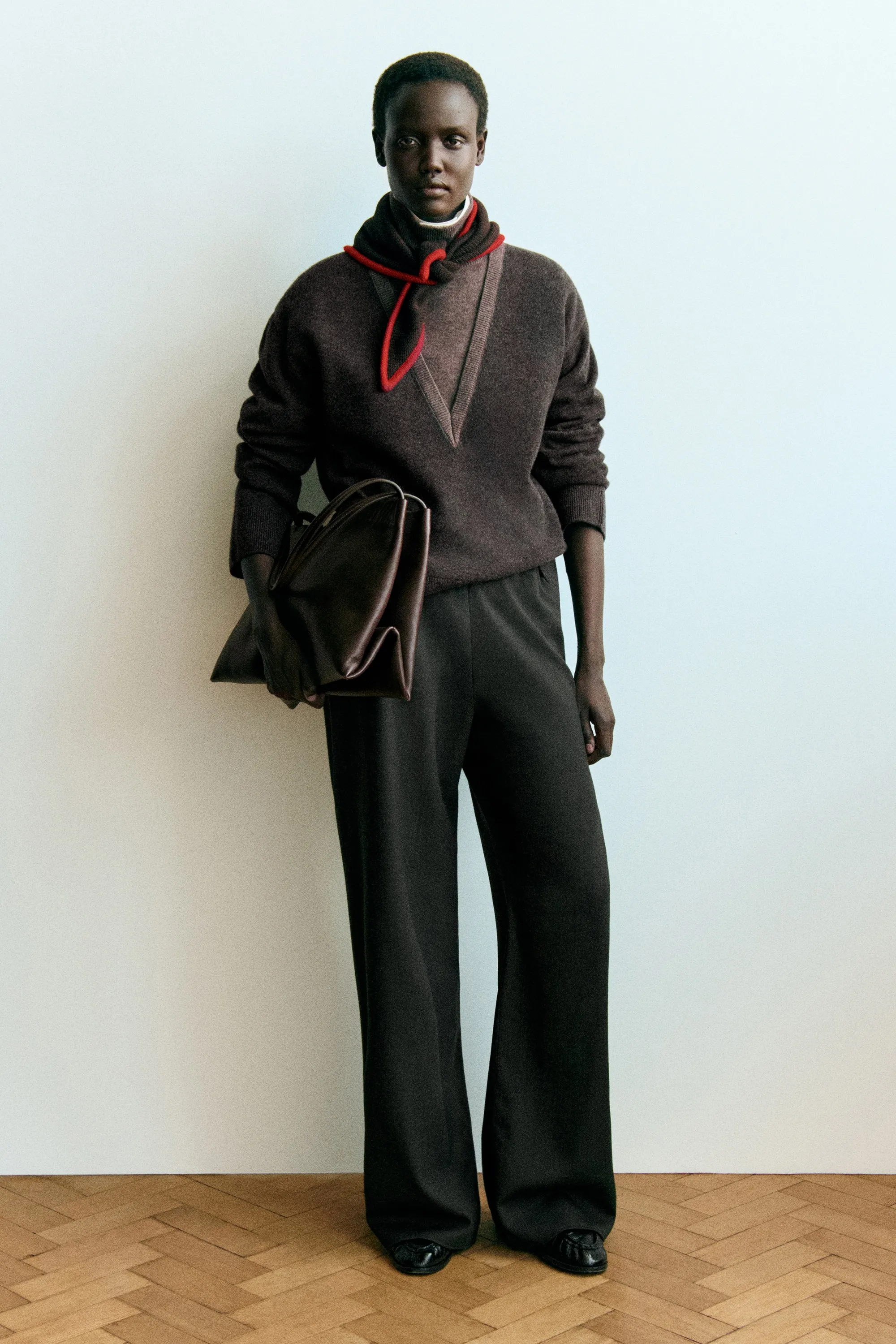 PANTALON LARGE EN LAINE MÉLANGÉE - GRIS FONCÉ