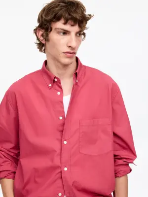 Chemise en popeline décontractée - Rouge framboise — photo 3